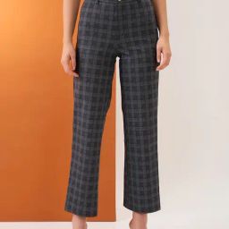 Globus Women Grey Checkered Self Design Mid-Rise Straight Fit Formal Trousers-24