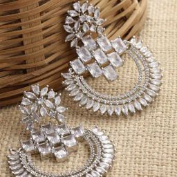 Zeneme Rhodium Plated Silver Brass & White AD Dangler Earrings-36