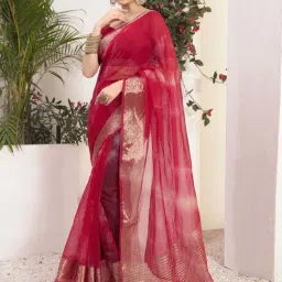 Satrani Pink & Cream Zari Work Saree With Unstitched Blouse-image-70