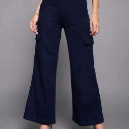 Miss Chase Navy Blue Wide Leg High Rise Clean Look Regular Stretchable Cargo Denim Jeans-image-25