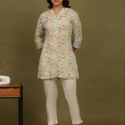 W for Woman Blue Floral Printed Cotton Crepe Tunic with Lace-image-88