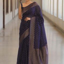 Anjaneya Sarees Navy Banarasi Silk Woven Design Saree with Unstitched Blouse-picture-45