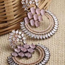 Zeneme Rose Gold Plated Gunmetal Toned Pink AD Dangler Earrings-26