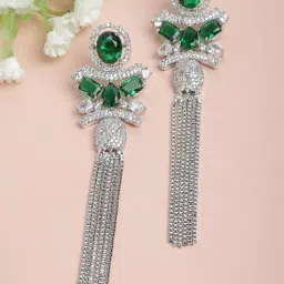 Zeneme Silver Plated Brass Contemporary AD Shoulder Duster Dangler Earrings-image-32