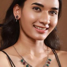 Aatmana Oxidized Silver-Plated Green & Red Artificial Stone-Studded Handcrafted Jewellery Set-7