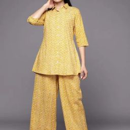 Libas Mustard Cotton Printed Tunic Pyjamas Set-picture-2