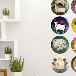 THE QUIRKY HOME 8 Pieces Green & Yellow A Gathering Of Cows In Pichwai Ceramic Wall Plates-image-30