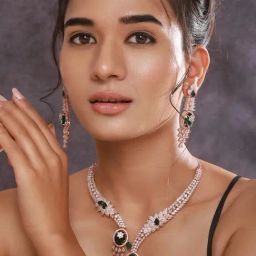 Aatmana Premium Rosegold Plated AAA Cubic Zirconia & Emerald Studded Necklace Set-33