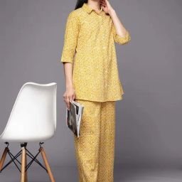 Libas Mustard Cotton Printed Tunic Pyjamas Set image 4