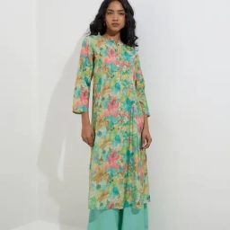 Utsa by Westside Aqua Floral Printed A-Line Kurta-picture-22