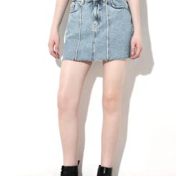 Only Blue Cotton Solid High Rise Skirt-image-95