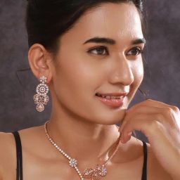 Aatmana Rosegold Plated AD Studded Minimal Floral Necklace with Earrings Set-14