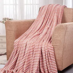 VAS COLLECTIONS Brown & White Striped Fleece AC Room 300 GSM Double Bed Blanket-image-97
