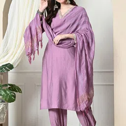 Sangria Yoke Design V-Neck Bell Sleeves Sequinned Straight Kurta With Salwar & Dupatta-25