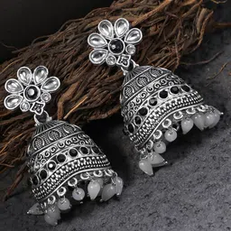 Sangria Silver-Plated Artificial Stones Studded & Beaded Dome Shaped Jhumkas-12