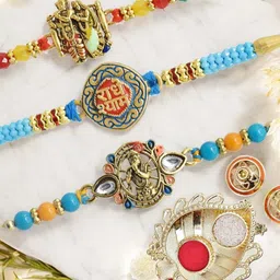 MEIRA JEWELLERY Set Of 3 Radha Krishna Rakhi With Greeting Card Gift Set-image-73