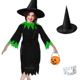Sarvda California Horror Halloween Theme Cosplay Devil Witch Three Fourth Sleeves Costume Set With Reversible Cape, Pumpkin Basket, Felt Mask, Hat & Scary Teeth- Green-image-42
