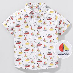 Babyhug Half Sleeves Cotton Knitted Boat Print Shirt- - White-image-89