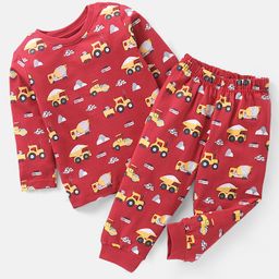 Babyhug Cotton Knit Full Sleeves Vehicles Print Night Suit - Red-image-52