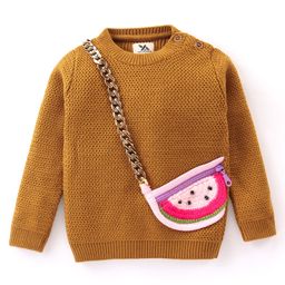 Yellow Apple Full Sleeves Sweater With Chain Applique Solid Colour - Brown-image-90
