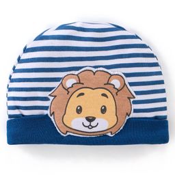Babyhug 100% Cotton Knit Striped Cap with Lion Applique - Navy Blue-image-7