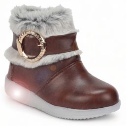 Lil Lollipop Stone Detailed Fur Embellished Zipper Party Boots With Light & Glossy Finish - Brown-image-57