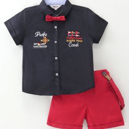 ToffyHouse 100% Cotton Woven Half Sleeves Text Embroidered Shirt & Shorts Set With Bow & Suspender - Carnation-image-76