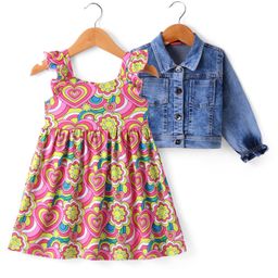 Babyhug Single Jersey Knit Floral Printed Frock With Full Sleeves Denim Jacket - Multicolor-image-52