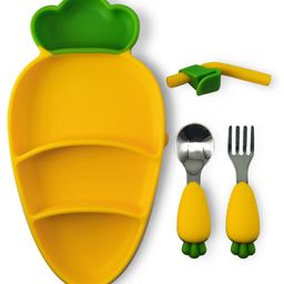 Cots and Cuddles Carrot Design Tableware Silicone Feeding Plate with Spoon Fork Straw for Infants Baby and Toddler Kids (Yellow)-0