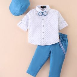 Robo Fry Cotton Knit Full Sleeves Floral Printed Shirt & Trouser Set with Hat Bow & Suspender - Blue & White-picture-18