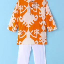 Teentaare Cotton Full Sleeves Printed Kurta Pyjama Set with Lace Detailing - Orange & White-image-92