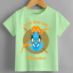 KNITROOT Dussehra Theme Half Sleeves Good Over Evil Text Printed Tshirt - Green-picture-9