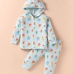 Simply Fleece Knit Full Sleeves Hooded Winter Night Suit with Animals Print - Aqua Blue-image-48