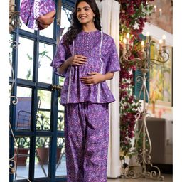 Aujjessa Cotton Three Fourth Sleeves Floral Printed & Lace Embellished Maternity Feeding Night Suit with Concealed Zipper Nursing AccessPurple-picture-26