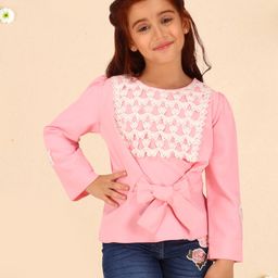 Cutecumber Full Sleeves Lace Detailed & Bow Tied Top - Peach-image-54