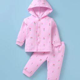 Tango Fleece Knit Full Sleeves Hooded Night Suit With Floral Print - Pink-image-60