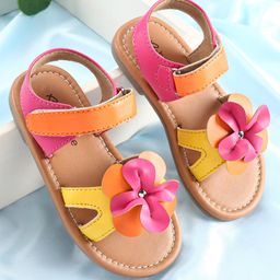 Babyoye Sandals with Velcro Closure & Floral Applique - Pink & Yellow-picture-39
