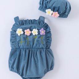 Mark & Mia Singlet Sleeves Floral Embroidery Onesie & Cap - Navy Blue-image-20