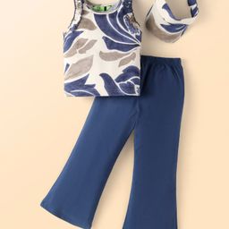 Tiara Cotton Rib Sleeveless Leaves Printed Top With Pant & Cap Set - Navy Blue-image-69