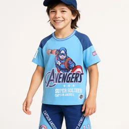 Pine Kids Marvel Single Jersey Knit Half Sleeves Oversize Drop Shoulder Raglan T-Shirt And Shorts With Avengers Captain America Grpahics And Buckle Badge Detailing - Blue-picture-30