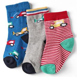 Cute Walk By Babyhug Knit Ankle Length Anti Bacterial Socks With Stripes & Vehicle Design Pack of 3 - Red Grey & Blue-image-77
