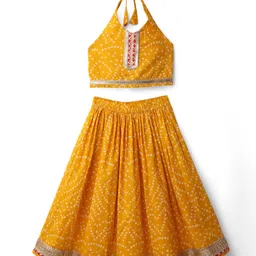 saka designs Saka Design Cotton Woven Sleeveless Halter Neck Choli Lehenga Set with Back Tie Up & Bandhani Print - Yellow-picture-17