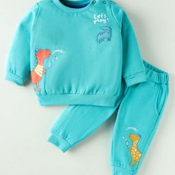 Zero Fleece Knit Full Sleeves Winter Wear Suits with Dino Print - Aqua Blue-image-92