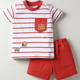 Zero Sinker Knit Half Sleeves Striped T-Shirt & Shorts Set with Vehicle Embroidery - Red-picture-29