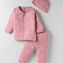 Simply Interlock Knit Full Sleeves Front Open Co-Ord Night Suit with Teddy Print & Cap - Onion Pink-picture-38