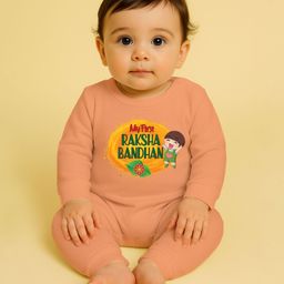 The Peppy Tend 100% Cotton Knit Rakshabandhan Theme Full Sleeves My First Rakshabandhan Text Printed Romper - Peach-image-4