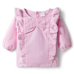 Babyoye Cotton Woven Full Sleeves Top With Stripes Bow Applique & Frill Detailing - Pink-picture-48