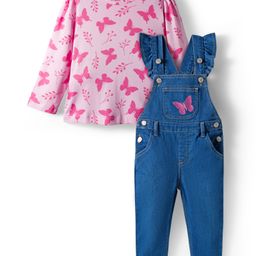 Babyhug Single Jersey Knit Full Sleeves T-Shirt & Dungaree With Butterfly Print - Pink & Blue-picture-43