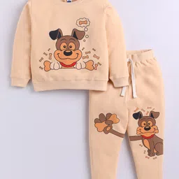 Little Ninja Cotton Knit Full Sleeves Dog Printed Sweatshirt & Joggers Set - Peach-picture-7