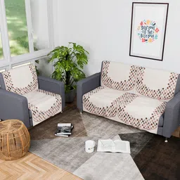 Aura Cream-Coloured & Brown 6 Pieces Geometric Printed 3 Seater Velvet Sofa Cover-6